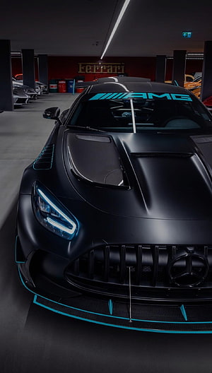 Mercedes-AMG GT Black Series P1 Edition Matte Black with Cyan Accents in Garage HD phone wallpaper
