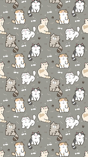 Cute Kawaii Cat Pattern Wallpaper with Fish and Paw Prints on Gray Background HD phone wallpaper