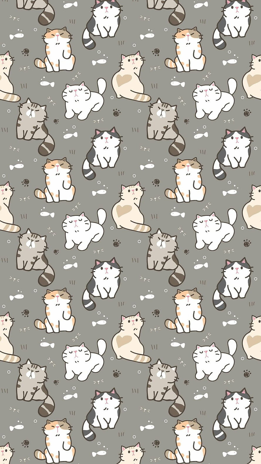 Cute Kawaii Cat Pattern Wallpaper with Fish and Paw Prints on Gray Background HD phone wallpaper