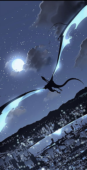 Silhouette of a giant dragon flying over a city at night with glowing wings under a full moon HD phone wallpaper
