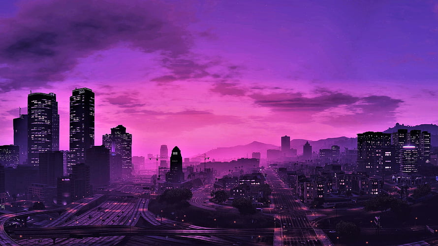 GTA 5 Los Santos Cityscape at Dusk with Purple Sky and Skyscrapers HD wallpaper