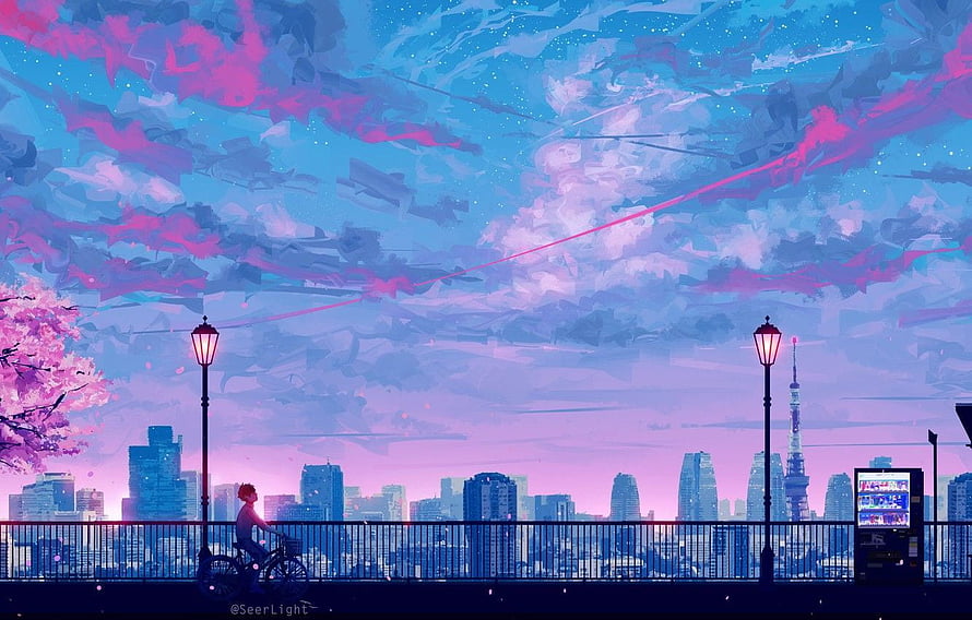 Tokyo Skyline at Dusk with Cherry Blossoms and a Cyclist on a Riverside Promenade HD wallpaper