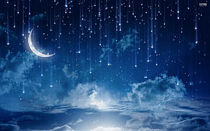 Crescent Moon and Starry Night Sky with Clouds and Shooting Stars HD wallpaper