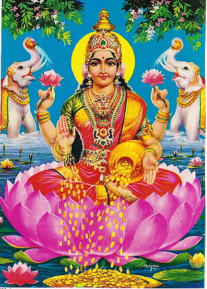 Goddess Lakshmi Seated on Lotus with Elephants and Gold Coins HD phone wallpaper
