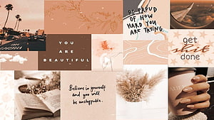 Aesthetic Motivational Collage with Warm Earthy Tones, Inspirational Quotes, and Lifestyle Photography HD wallpaper