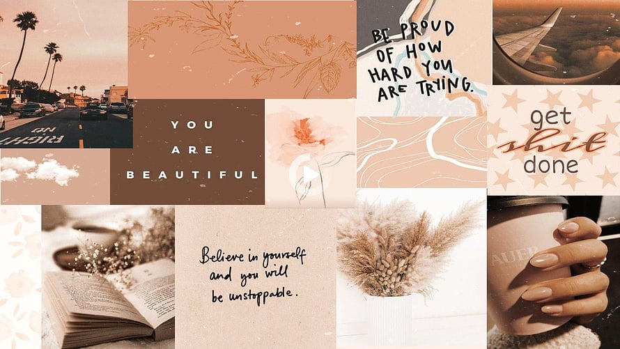 Aesthetic Motivational Collage with Warm Earthy Tones, Inspirational Quotes, and Lifestyle Photography HD wallpaper