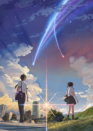 Your Name Anime Poster Featuring Tachibana and Mitsuha Under a Meteor Shower HD phone wallpaper