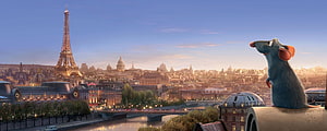 Remy the Rat Gazing at Paris Skyline with Eiffel Tower at Sunset HD wallpaper