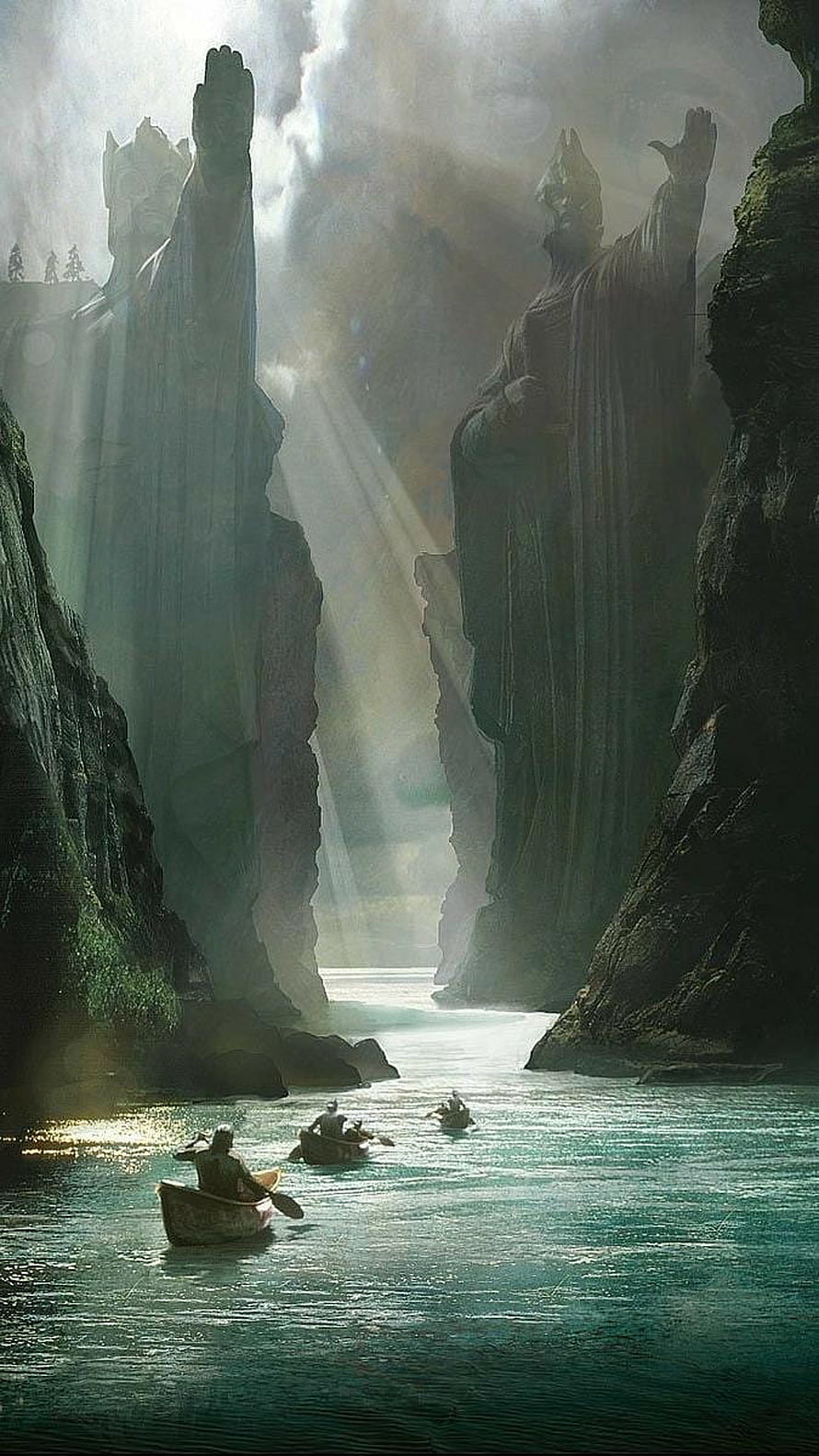 Colossal Stone Guardians Flanking a Misty River Canyon with Small Boats HD phone wallpaper