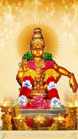 Golden Ayyappan Deity Adorned With Flower Garlands And Oil Lamps HD phone wallpaper