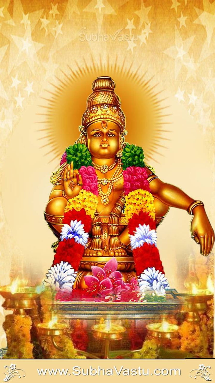 Golden Ayyappan Deity Adorned With Flower Garlands And Oil Lamps HD phone wallpaper