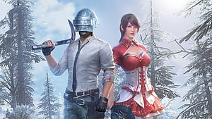 PUBG Mobile Winter Forest Scene With Helmeted Soldier And Red Outfit Character HD wallpaper