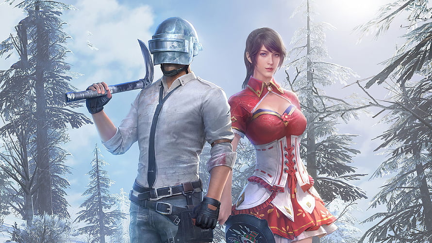 PUBG Mobile Winter Forest Scene With Helmeted Soldier And Red Outfit Character HD wallpaper