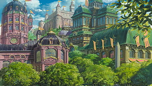 Lush Green Fantasy Cityscape with Pink and Green Baroque Architecture HD wallpaper