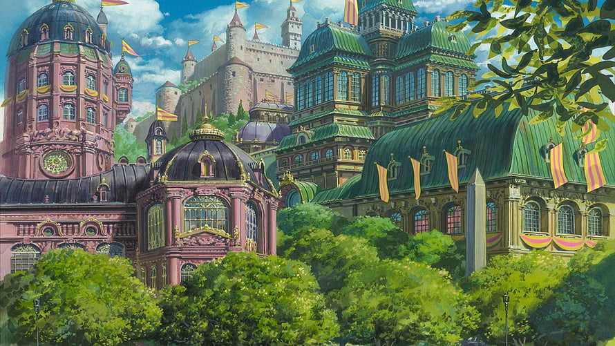 Lush Green Fantasy Cityscape with Pink and Green Baroque Architecture HD wallpaper