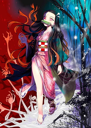 Nezuko Kamado in Demon Form Walking Through a Snowy Forest at Night HD phone wallpaper