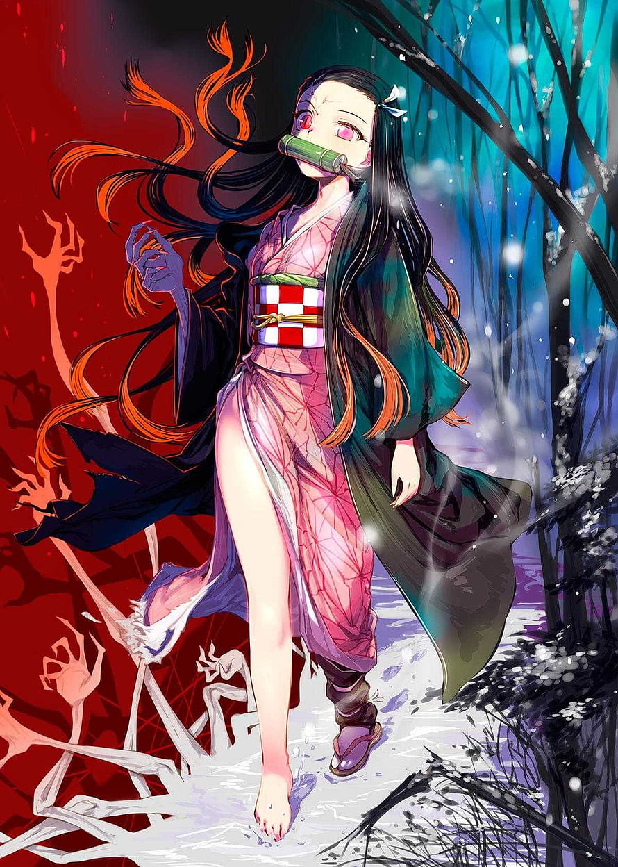 Nezuko Kamado in Demon Form Walking Through a Snowy Forest at Night HD phone wallpaper