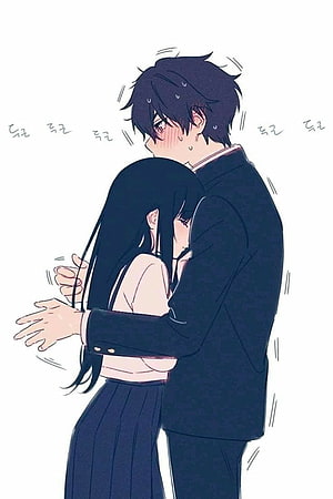 Anime couple sharing a tender embrace in school uniforms with soft blush and gentle expressions HD phone wallpaper