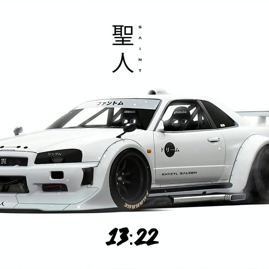 White Nissan Skyline GT-R R32 drift car illustration with widebody kit and racing decals HD phone wallpaper