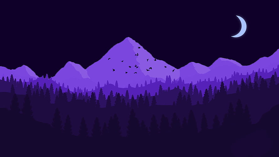 Purple Mountain Landscape With Pine Forest And Crescent Moon Night Sky HD wallpaper