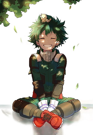 Izuku Midoriya from My Hero Academia Sitting Peacefully with a Small Bird Perched on His Green Hair HD phone wallpaper