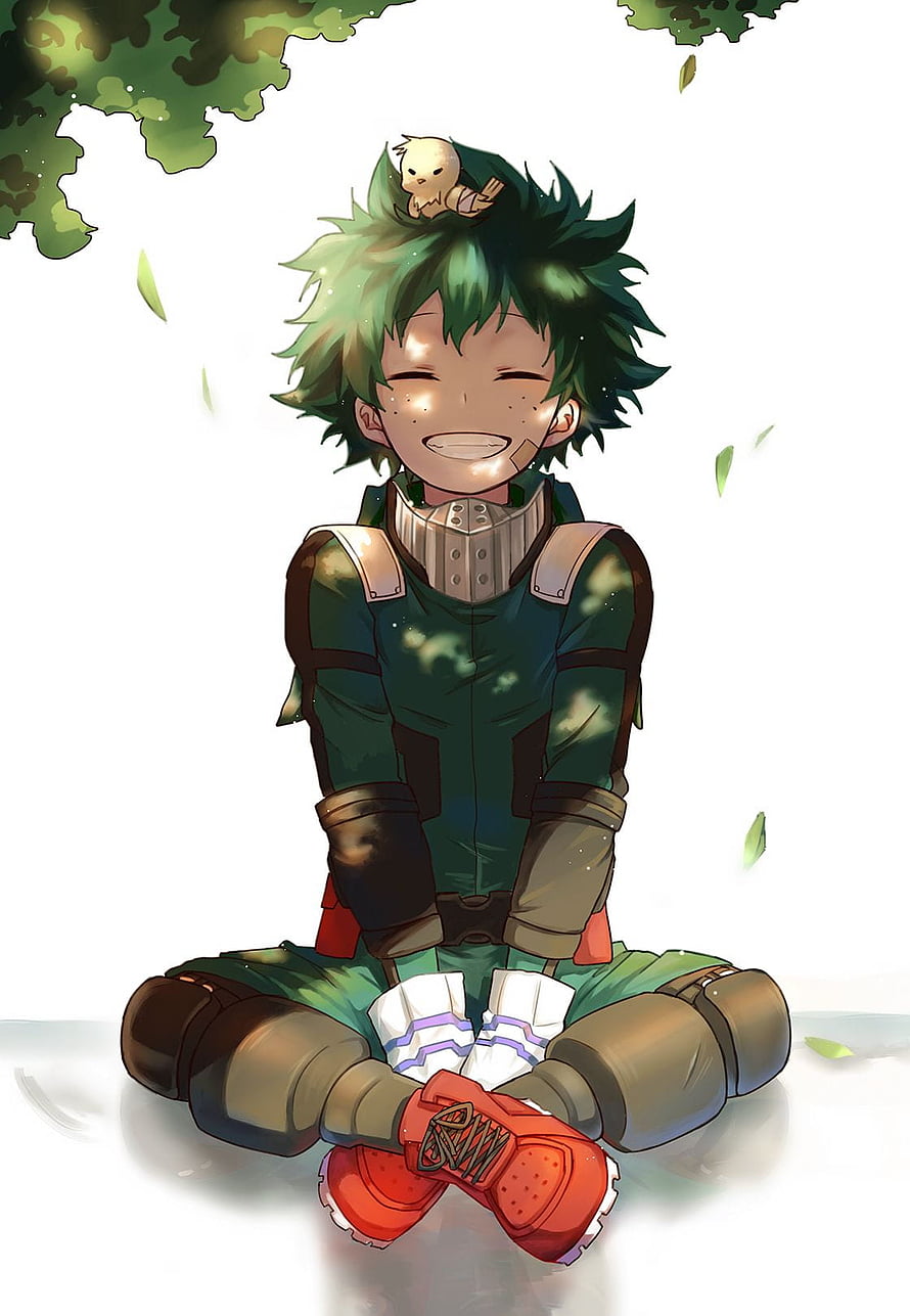 Izuku Midoriya from My Hero Academia Sitting Peacefully with a Small Bird Perched on His Green Hair HD phone wallpaper