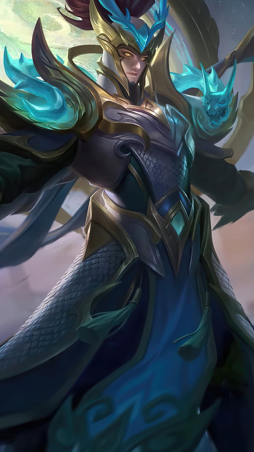 Zilong from Mobile Legends in ornate gold and blue armor with glowing spirit flames HD phone wallpaper