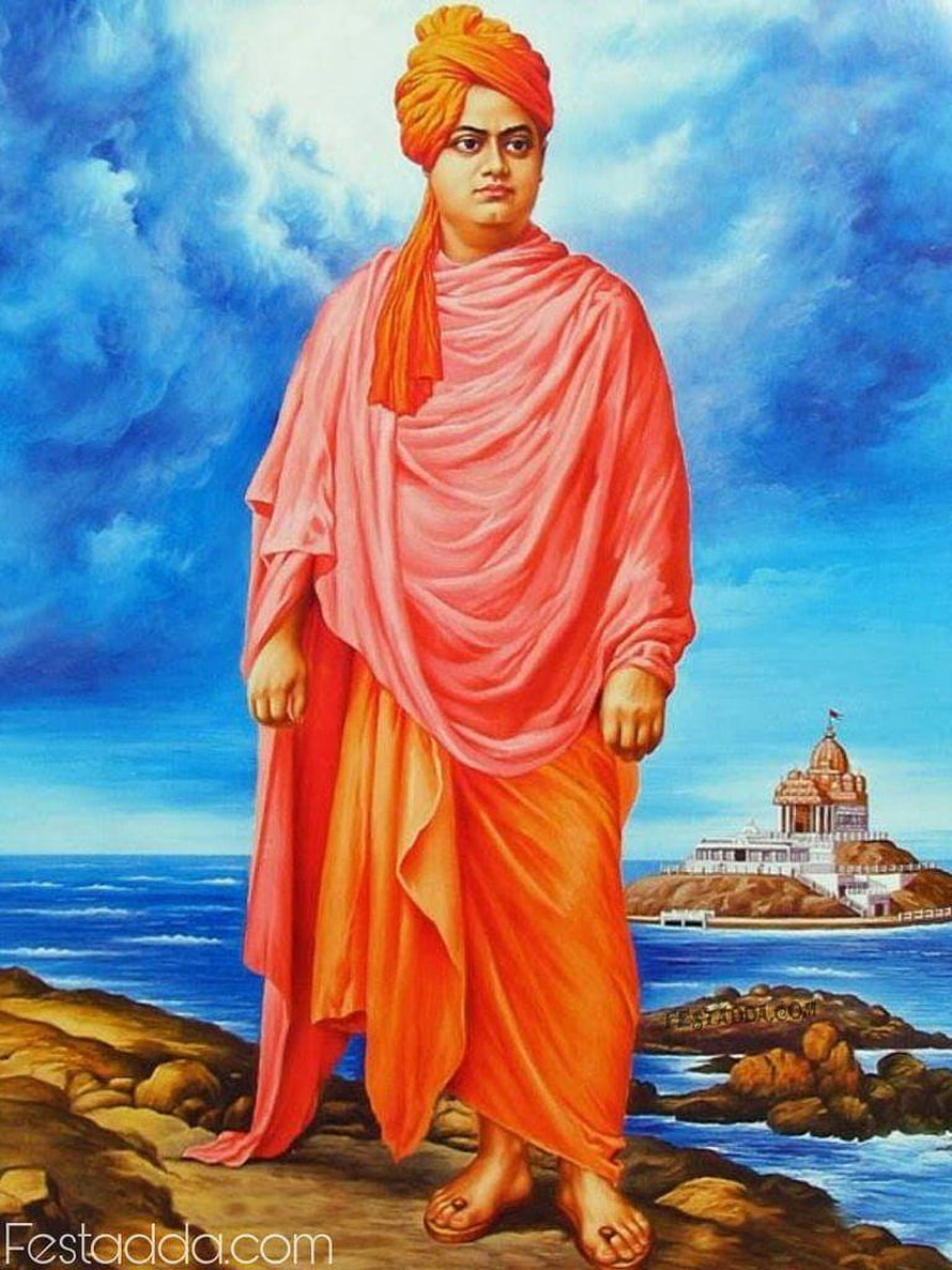 Swami Vivekananda Standing on Rocky Shore with Temple in Background HD phone wallpaper