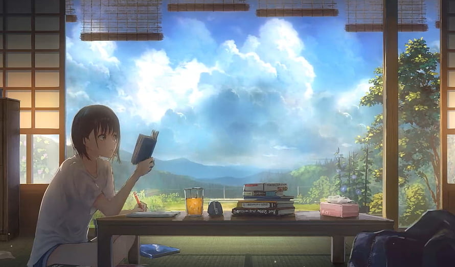 Anime Girl Reading a Book at a Desk in a Sunlit Room with a Scenic Mountain View HD wallpaper