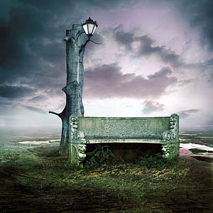Surreal Fantasy Landscape With Ancient Stone Bench And Tree Lamp Post Under Stormy Sky HD phone wallpaper