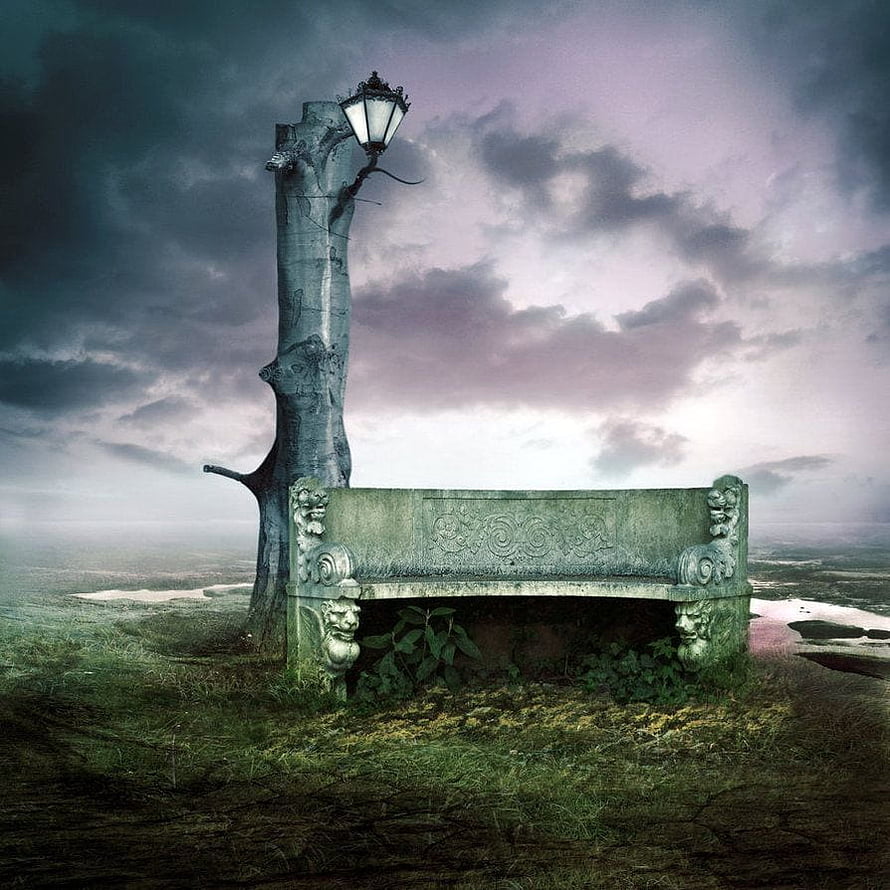 Surreal Fantasy Landscape With Ancient Stone Bench And Tree Lamp Post Under Stormy Sky HD phone wallpaper