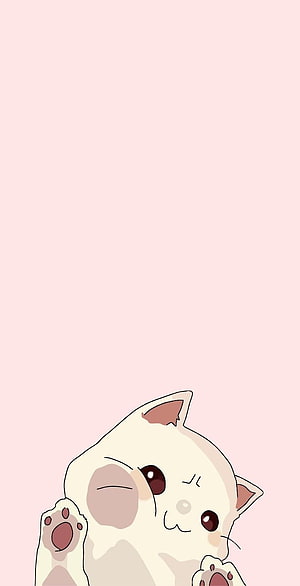 Cute White Cat Peeking Up With Raised Paws On Soft Pink Background HD phone wallpaper