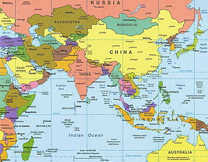 Colorful Political Map of Asia, Oceania, and the Middle East with Country Borders and Cities HD wallpaper