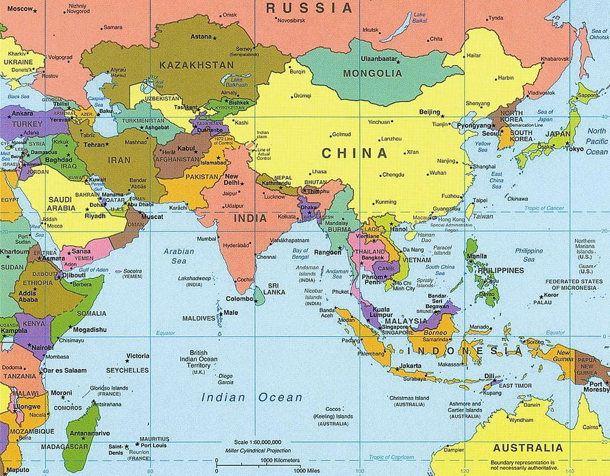 Colorful Political Map of Asia, Oceania, and the Middle East with Country Borders and Cities HD wallpaper