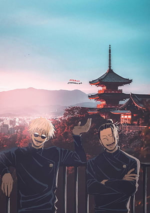 Satoru Gojo and Suguru Geto from Jujutsu Kaisen at Kyoto Pagoda Sunset HD phone wallpaper