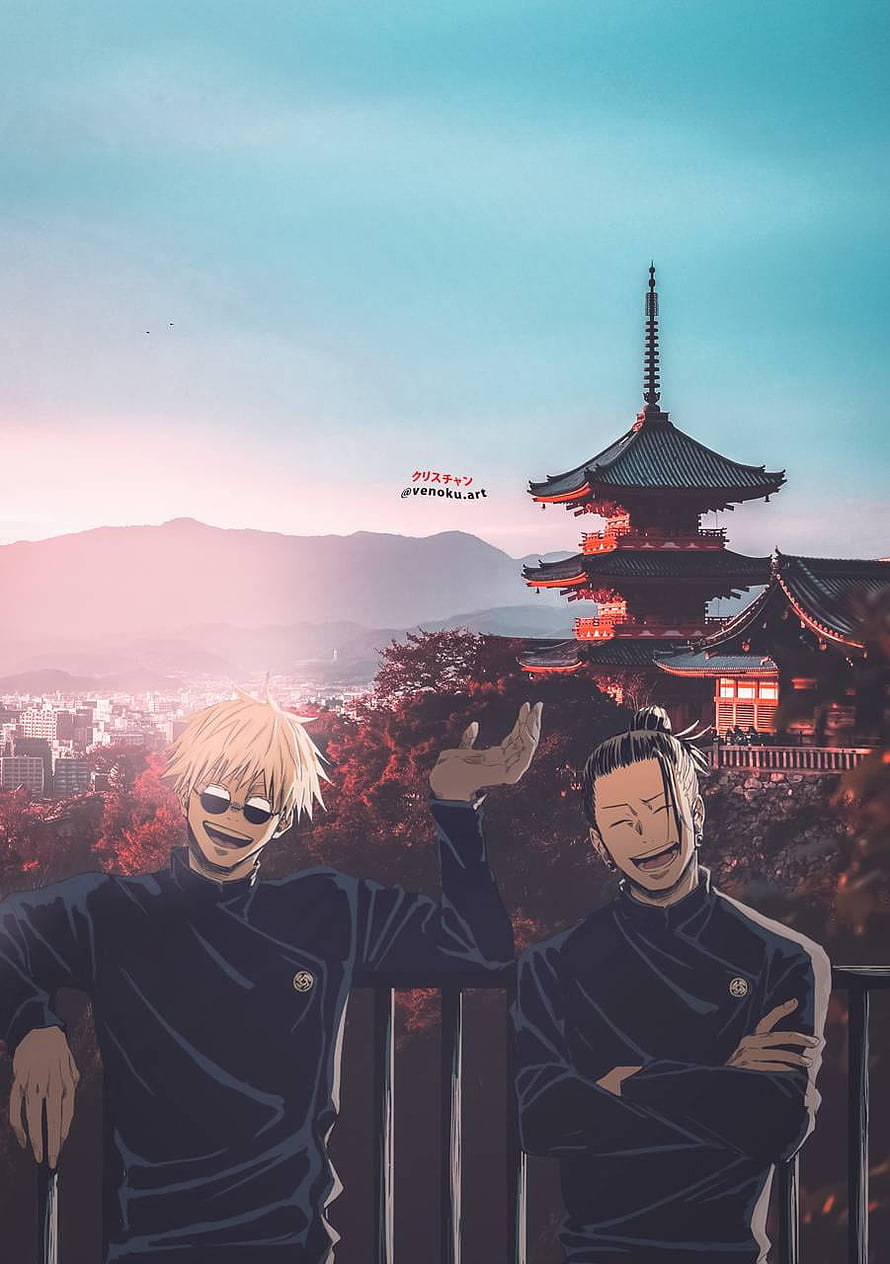 Satoru Gojo and Suguru Geto from Jujutsu Kaisen at Kyoto Pagoda Sunset HD phone wallpaper