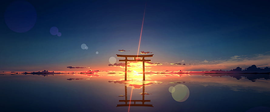 Silhouetted Torii Gate Standing in Calm Water During a Vibrant Orange and Blue Sunset HD wallpaper