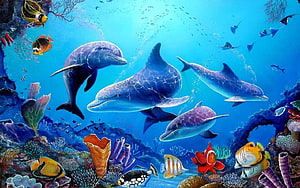 Vibrant Underwater Scene Featuring Swimming Dolphins and Colorful Tropical Fish HD wallpaper