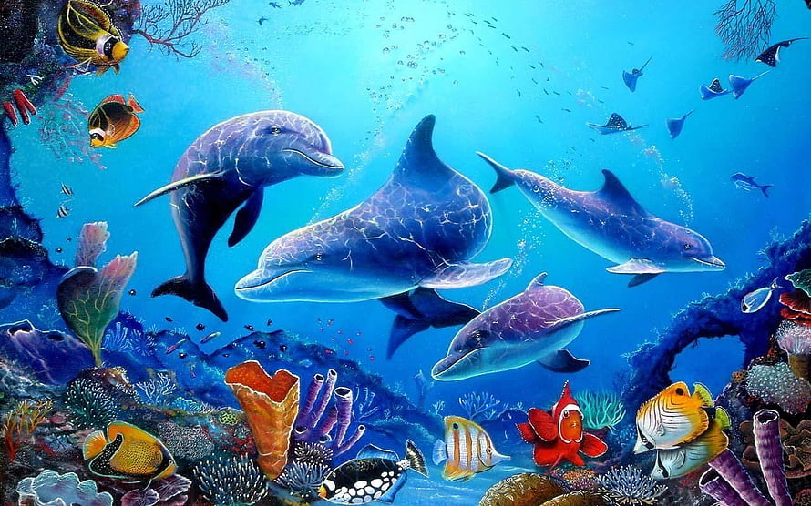 Vibrant Underwater Scene Featuring Swimming Dolphins and Colorful Tropical Fish HD wallpaper