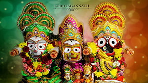 Lord Jagannath with Balabhadra and Subhadra adorned in vibrant floral garlands and ornate crowns HD wallpaper