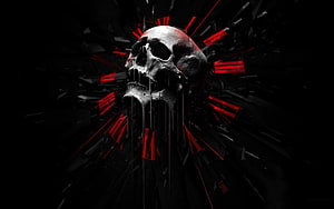 Dark Skull with Red Clock Face and Shattered Fragments on Black Background HD wallpaper