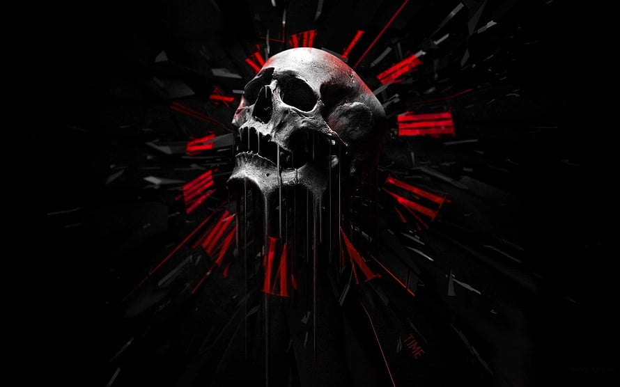Dark Skull with Red Clock Face and Shattered Fragments on Black Background HD wallpaper