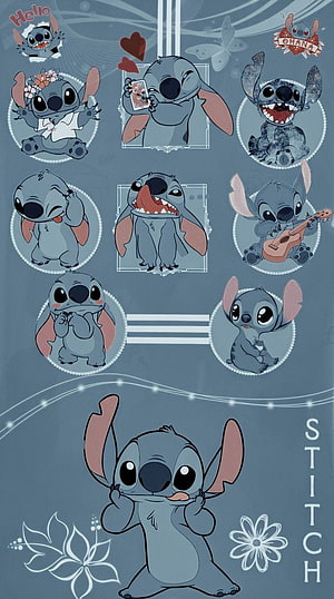 Stitch Character Collage Wallpaper with Multiple Poses and Floral Accents HD phone wallpaper