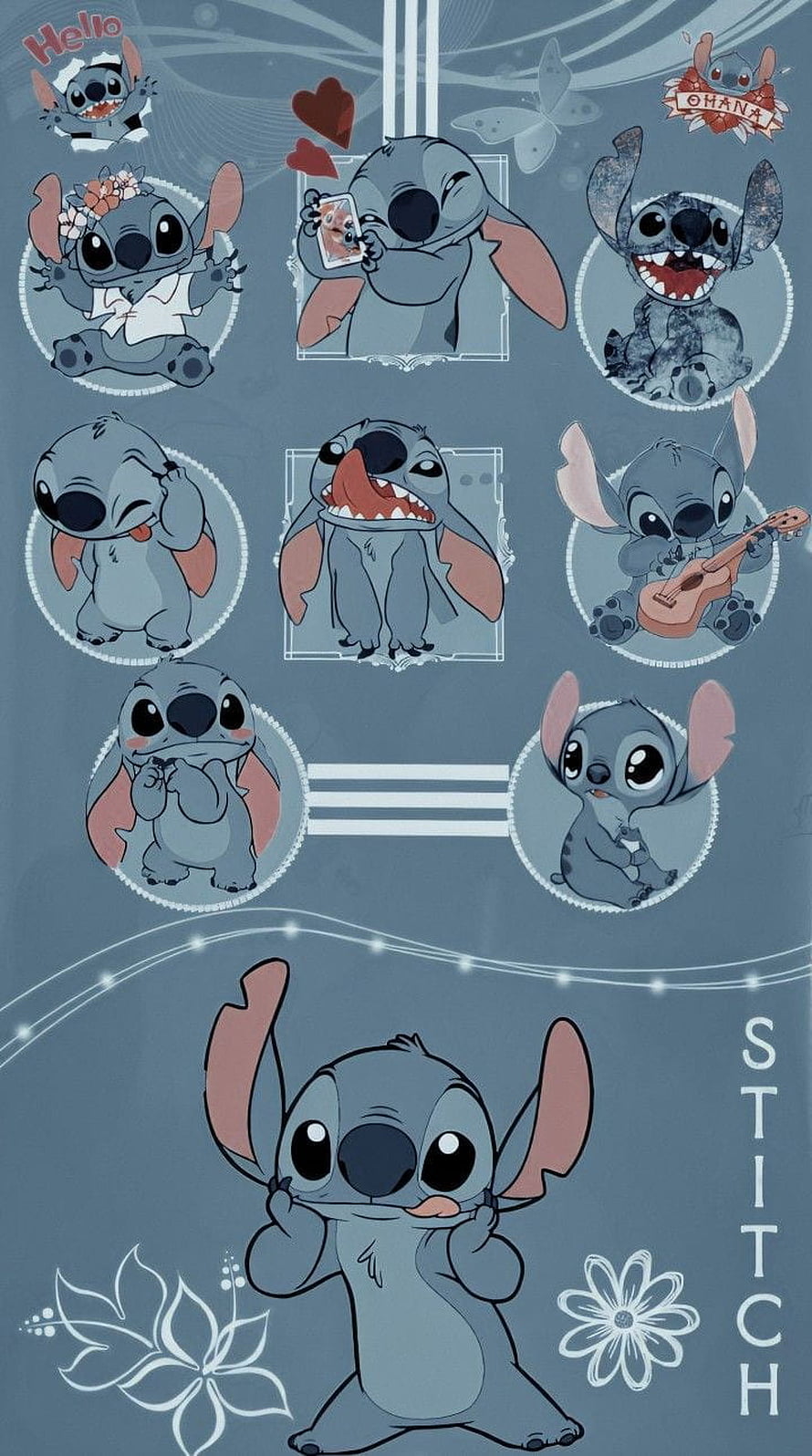 Stitch Character Collage Wallpaper with Multiple Poses and Floral Accents HD phone wallpaper