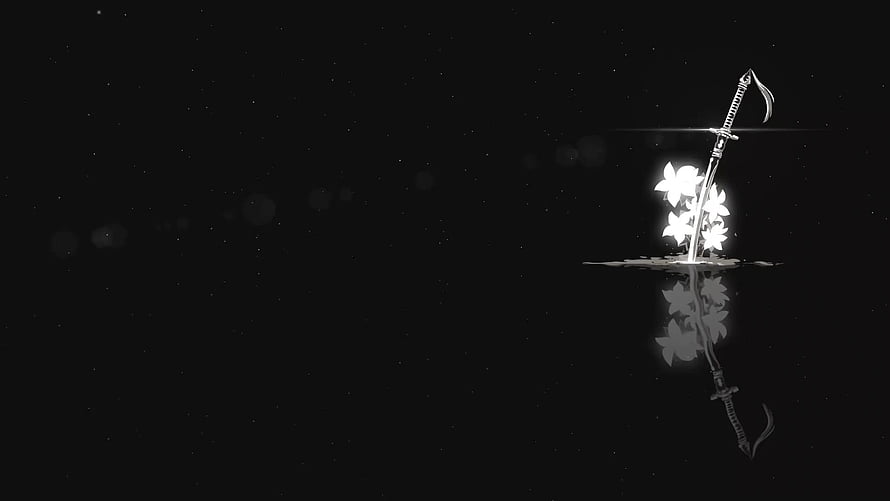 Glowing Samurai Sword and Cherry Blossoms on Dark Water Surface HD wallpaper