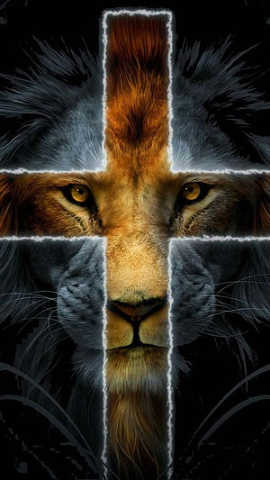 Majestic Lion Face With Glowing Cross Overlay Dark Background HD phone wallpaper