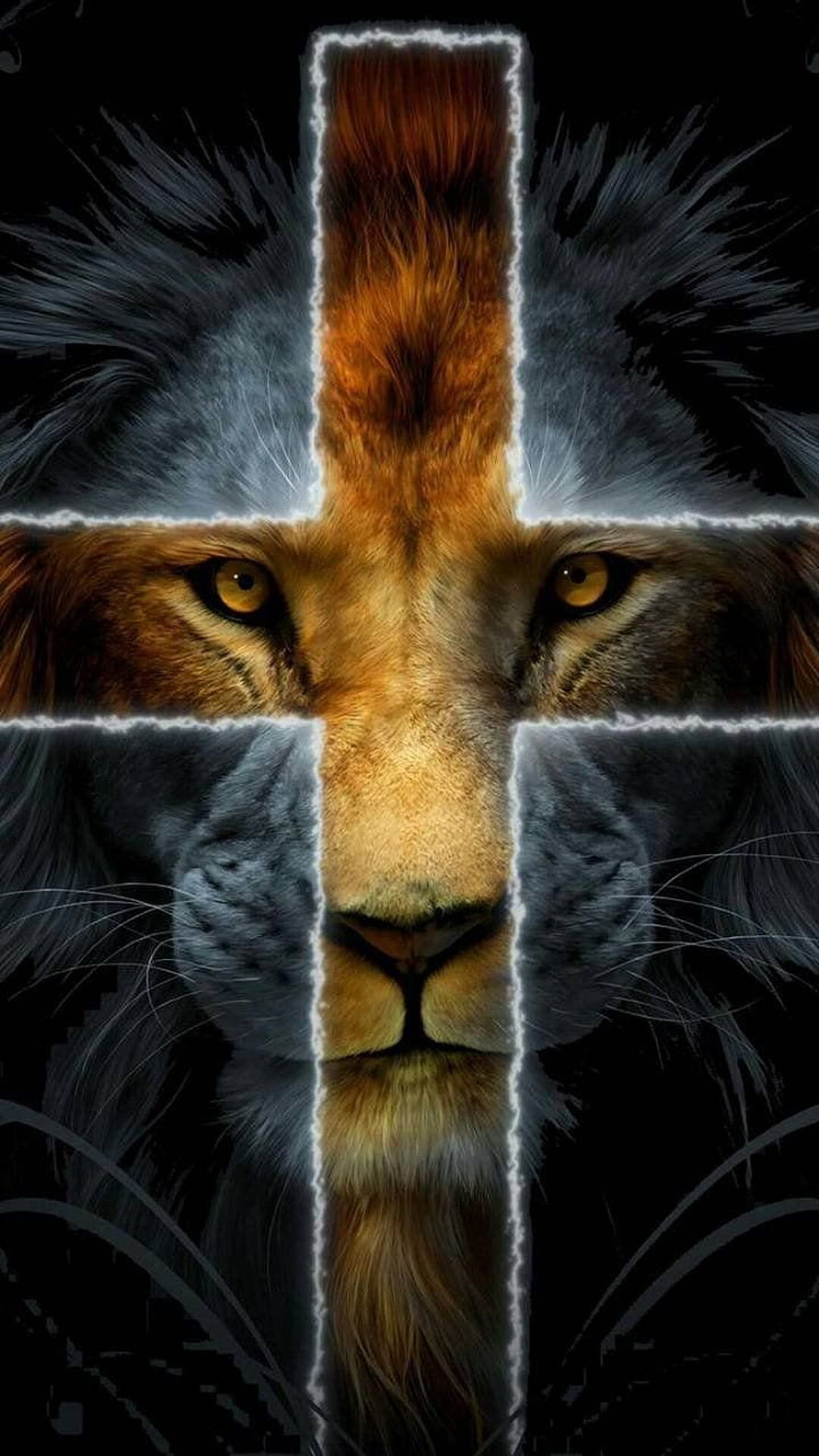 Majestic Lion Face With Glowing Cross Overlay Dark Background HD phone wallpaper