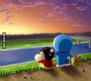 Doraemon and Nobita sitting by the river watching a beautiful sunset HD wallpaper
