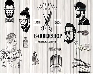 Retro Barbershop Illustration With Vintage Grooming Tools And Hipster Portraits HD wallpaper