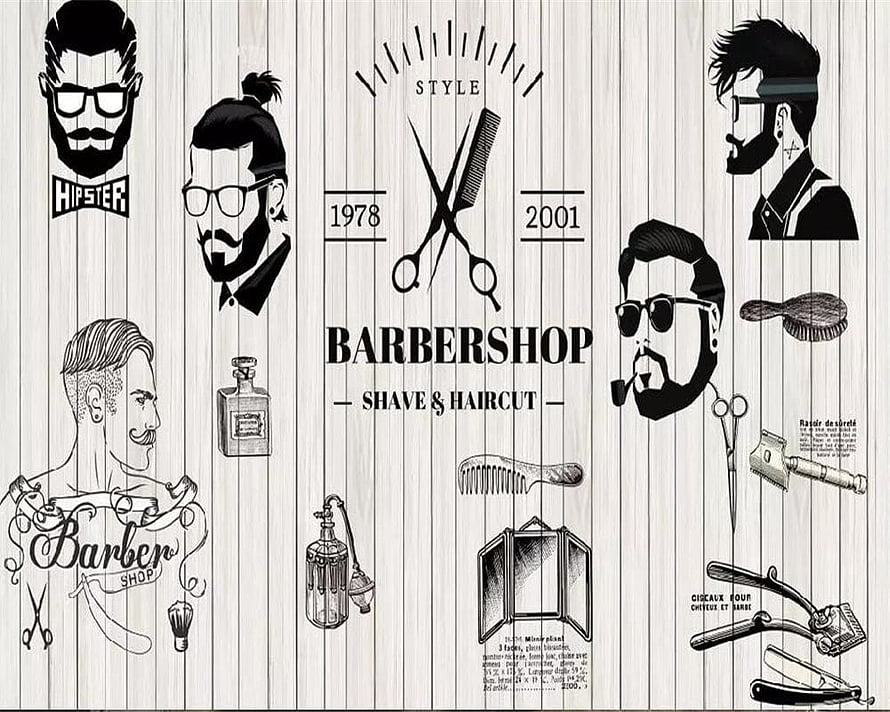Retro Barbershop Illustration With Vintage Grooming Tools And Hipster Portraits HD wallpaper